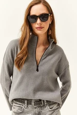 Olalook Women's Smoky Zipper High Neck Raised Sweater