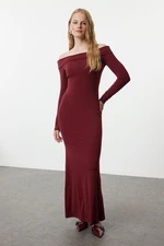 Trendyol Burgundy Color Block Fitted Carmen Neck Stretchy Maxi Knitted Dress