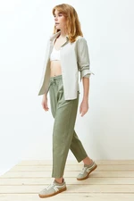 Trendyol Khaki Elastic Waist Pull On Linen Blend Woven Trousers