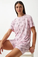 Happiness İstanbul Women's Light Pink Patterned Viscose Shorts T-Shirt Pajama Set