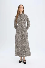 DEFACTO Shirt Collar Leopard Print Buttoned Belted Long Sleeve Maxi Dress