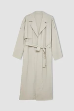 DEFACTO Oversize Wide Pattern Seasonal Long Trench Coat Double Breasted Closure Pockets Epaulettes Belted