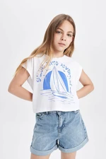 DEFACTO Girl's Crop Crew Neck Marine Printed Short Sleeve T-Shirt