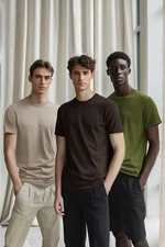 Trendyol Dark Brown-Mink-Khaki Basic Slim/Slim Cut 100% Cotton 3-Pack T-Shirt