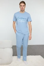 Trendyol Men's Blue Crew Neck Printed Knitted 100% Cotton Pajama Set