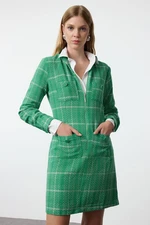 Trendyol Green Plaid Zipper and Pocket Detailed Tweed Woven Dress