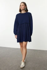 Trendyol Navy Blue Plain Woven Garni and Pleat Detailed A-Line/Bell Form Knitted Dress