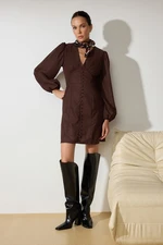 Trendyol Brown Plain Mini Mini Balloon Sleeve V Neck Suede Woven Dress