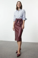 Trendyol Burgundy Leather Slit Detailed Belted Woven Skirt