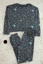 Trendyol Anthracite 100% Cotton Galaxy Patterned Knitted Pajama Set