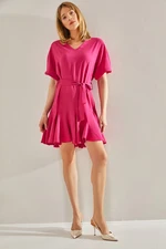 Bianco Lucci Women's Fuchsia Ruffle Detailed V-Neck Belted Dress