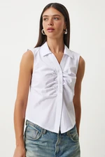 Happiness İstanbul Women's White Drawstring Detailed Sleeveless Shirt