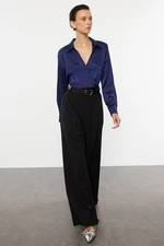 Trendyol Navy Blue Crop Shirt Collar Satin Woven Blouse