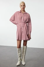 Trendyol Burgundy Belted Striped Mini Woven Shirt Dress