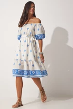 Happiness İstanbul Women's Blue Cream Patterned Carmen Collar Summer Linen Dress