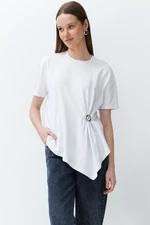 Trendyol White 100% Cotton Asymmetrical Knitted T-Shirt with Gold Accessory Detail