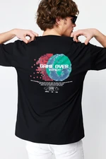 Trendyol Black Oversize/Wide-Fit Space Back Printed 100% Cotton T-shirt