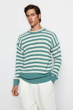 Trendyol Mint Oversize Fit Wide Fit Crew Neck Prúžkovaný Pletený Sveter