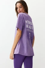 Trendyol Lilac Oversize/Wide Pattern Washed Slogan and Back Printed 100% Cotton Knitted T-Shirt