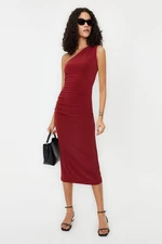 Trendyol Tile One Shoulder Draped Fitted Stretchy Knitted Midi Pencil Dress