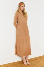 Trendyol Camel Skirt Pleated Scuba Knitted Dress