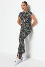 Trendyol Black Zebra Print Slit Detailed High Waist Straigth Knitted Pants