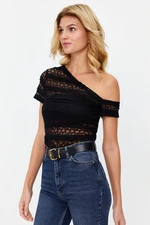 Trendyol Black Lace Asymmetric Neck Fitted/Situated Knitted Blouse