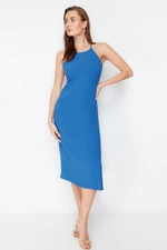 Trendyol Navy Blue Fitted/Body-Hugging Halter Collar Midi Woven Dress