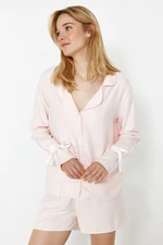 Trendyol Light Pink Tie/Ribbon/Bow and Piping Detailed Viscose Woven Pajama Set