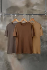 Trendyol Brown-Beige-Grey Basic Slim/Slim Fit 100% Cotton 3-Pack T-Shirt