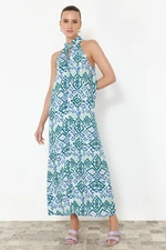 Trendyol Blue Shawl/Ethnic Patterned Straight Cut Halter Collar Viscose Maxi Woven Dress