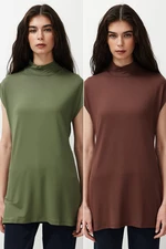 Trendyol Brown-Khaki 2-Pack Stand Collar Sleeveless Undershirt Tunic Lining