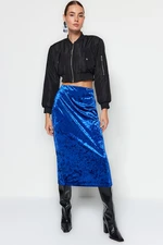 Trendyol Navy Blue Velvet High Waist Pencil Midi Knitted Skirt