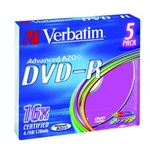 Verbatim DVD-R, Colour, 43557, 4.7GB, 16x, slim box, 5-pack, bez možnosti potisku, 12cm, pro archivaci dat