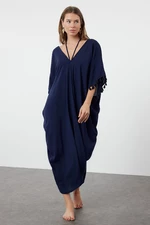 Trendyol Navy Blue Wide Fit Midi Woven Tassel Beach Dress