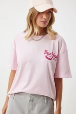 Happiness İstanbul Women's Pink Printed Oversize Knitted T-Shirt