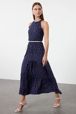 Trendyol Navy Blue Polka Dot Patterned A-Line Barbell Neck Maxi Woven Dress