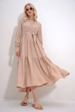 Trend Alaçatı Stili Women's Beige Buttoned Front Skirt Flounced Flamed Linen Maxiboy Dress