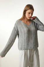 Happiness İstanbul Women's Gray Ripped Detailed Oversize Knitwear Sweater