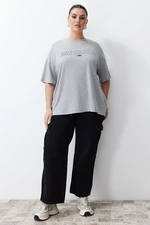 Trendyol Curve Gray Melange Printed Oversize Knitted T-shirt