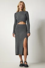 Happiness İstanbul Women's Dark Gray Ribbed Crop Skirt Knitwear Suit