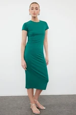 Trendyol Emerald Green Short Sleeve Fitted Cotton Stretchy Midi Knitted Dress