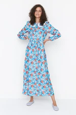 Trendyol Blue Baby Collar Floral Pattern Woven Dress