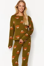 Trendyol Khaki 100% Cotton Teddy Bear Printed Tshirt-Jogger Knitted Pajamas Set
