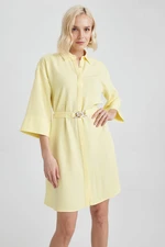 DEFACTO Shirt Collar Linen Blend Mini Long Sleeve Dress