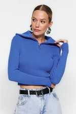 Trendyol Blue Crop Zipper Detailed Knitwear Sweater