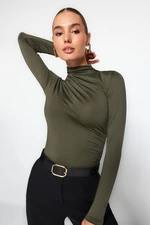 Trendyol Khaki Shirring Detailed Standing Collar With Snap fastener, Flexible Knitted Body