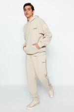 Trendyol Stone Men's Oversized Hoodie. Elastic Legs, Embroidery Welding, and Soft Pile Cotton Tracksuit Set.