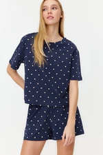 Trendyol Navy Blue 100% Cotton Heart Patterned T-shirt-Shorts Knitted Pajamas Set