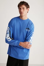 GRIMELANGE Brad Pánske pohodlné tričko s dlhým rukávom, 100% bavlna, potlačené, modré Saks.